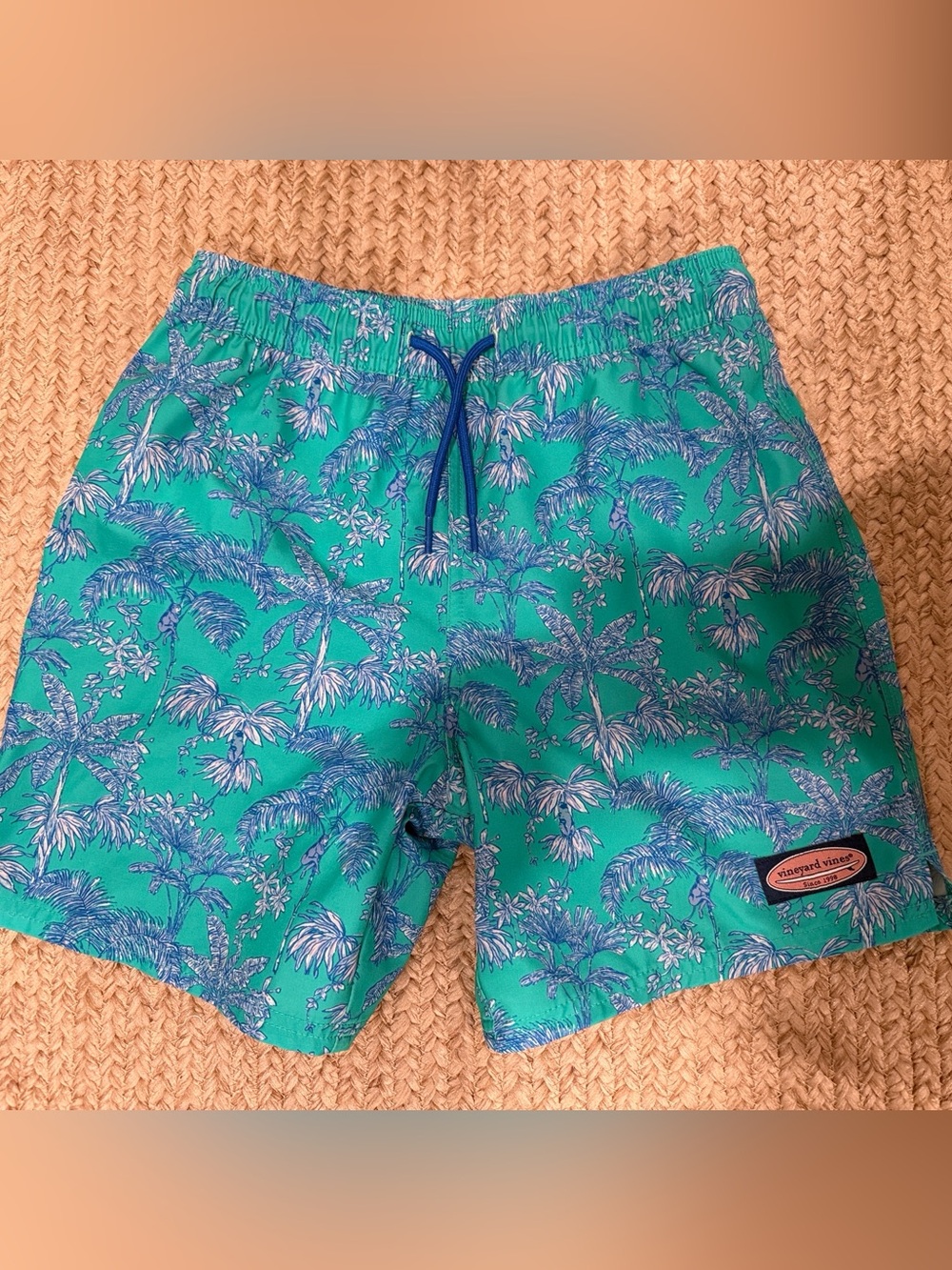 Vineyard Vines Teal Boy’s Swim Shorts with Blue Palm Print